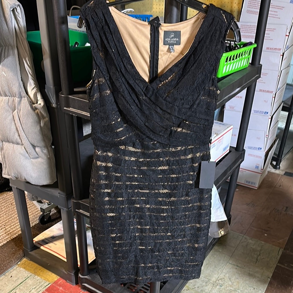 Nwt Adrianna Papell Black Lace Dress 6 nude lining cocktail - Picture 1 of 6